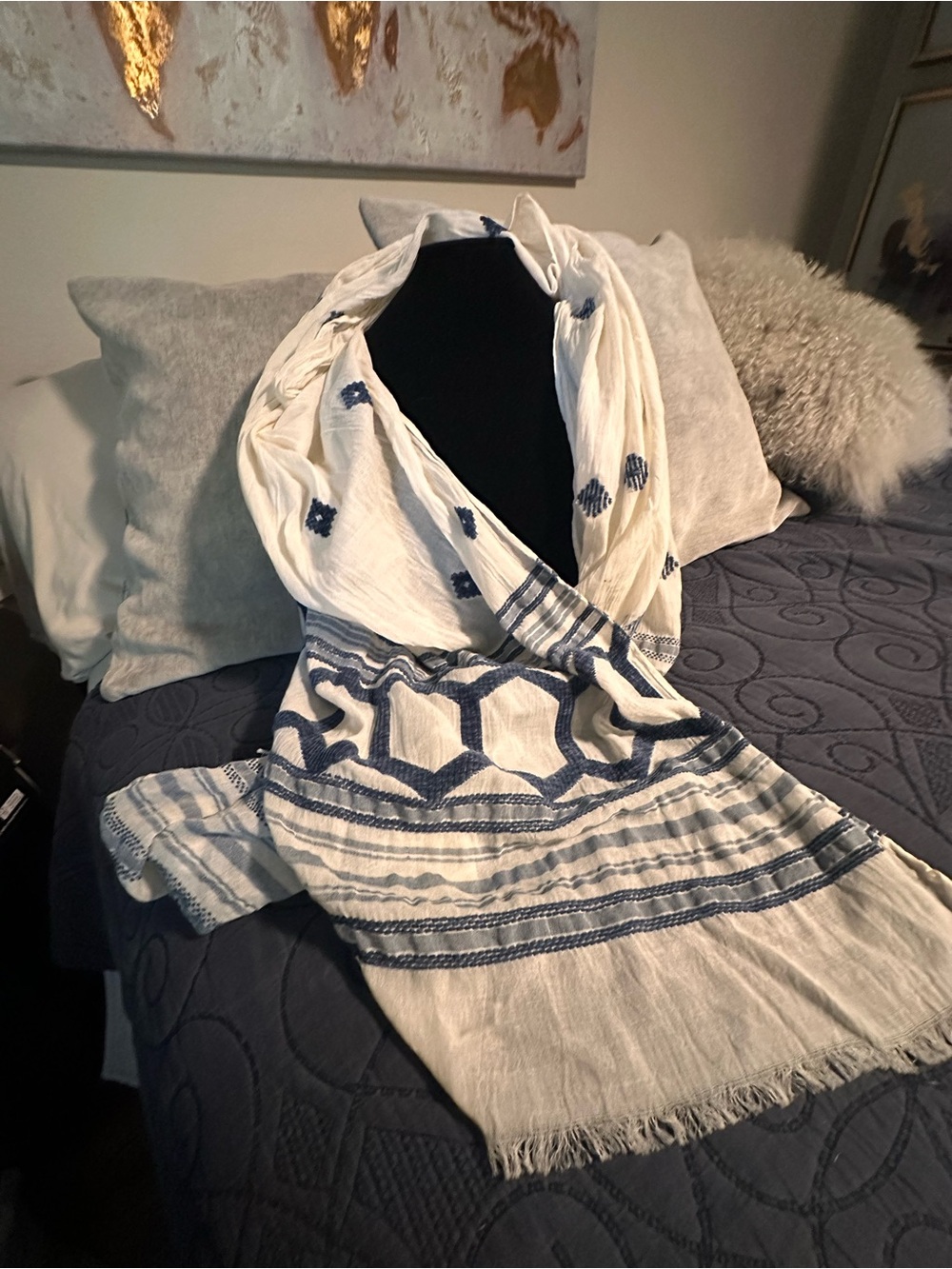Blues and off white Embroidered Lightweight Scarf